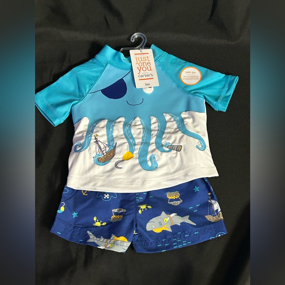 Carter's Just One You Sun Protective Blue Octopus 2PC Rash Guard Swim Set 3M NWT